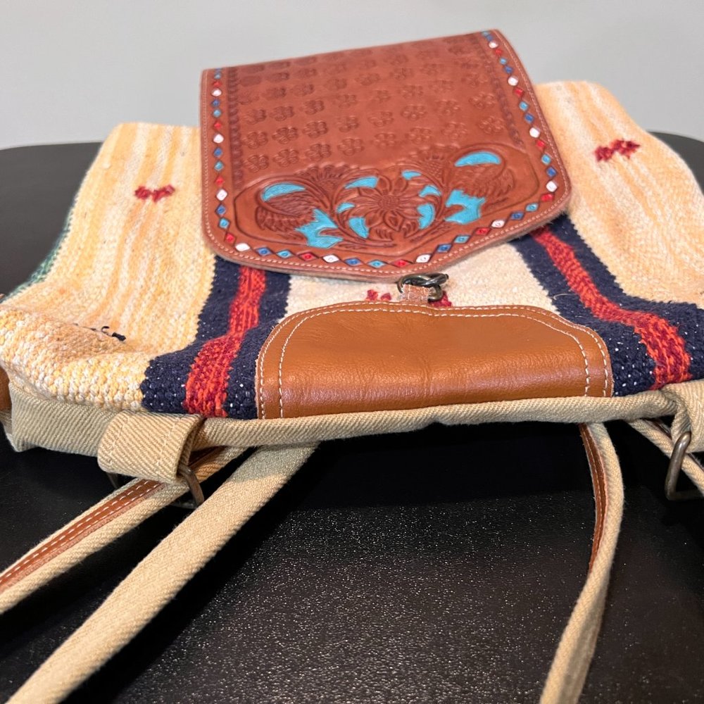 Boho western woven backpack tooled leather flap Aztec southwestern festival bag - Picture 11 of 12